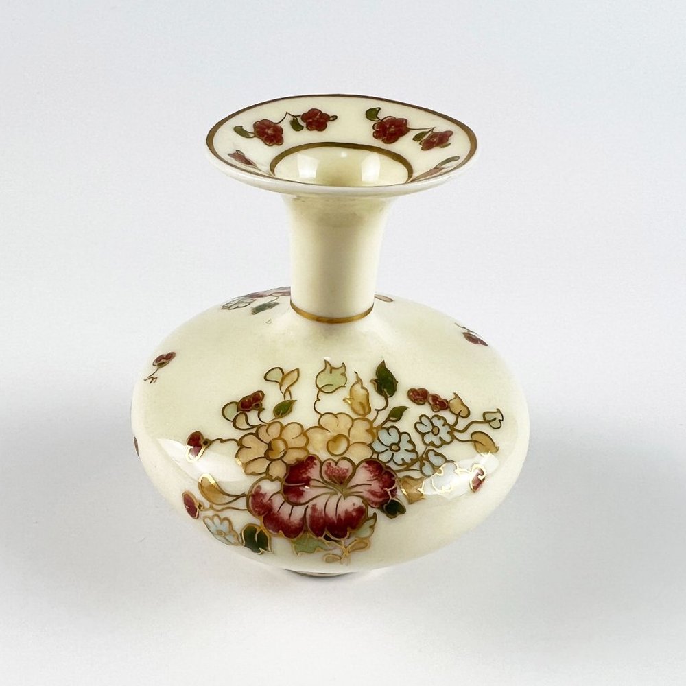 Vintage Zsolnay Porcelain Miniature Off White Floral Cabinet Bud Vase